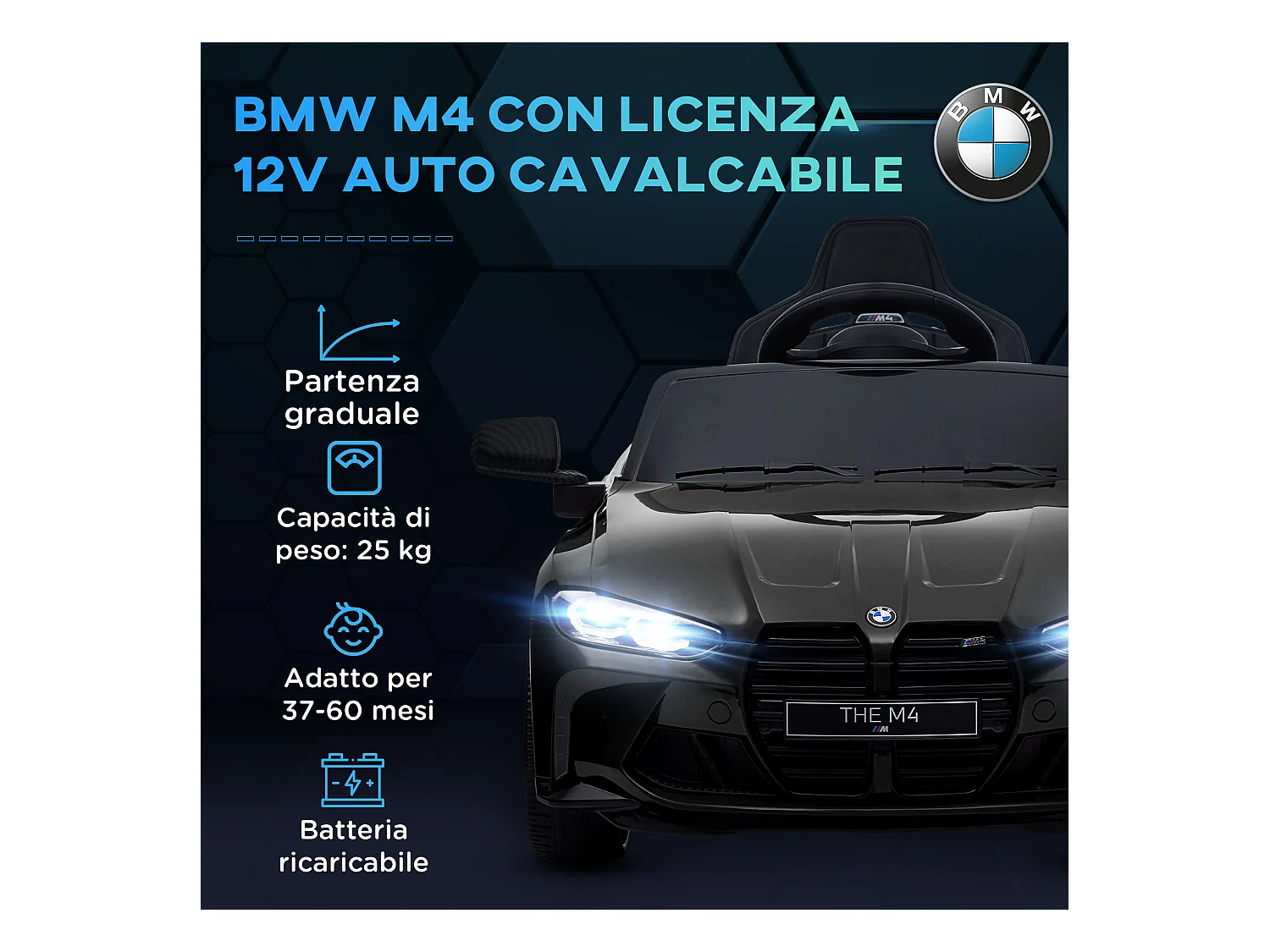 Macchina elettrica per bambini a licenza bmw m4 in pp e metallo nera