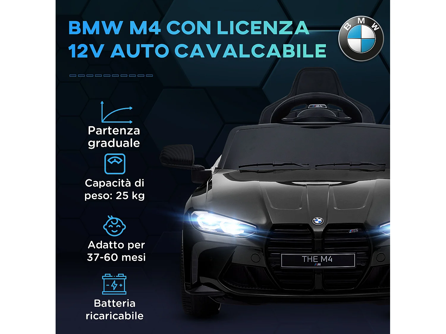 Macchina elettrica per bambini a licenza bmw m4 in pp e metallo nera