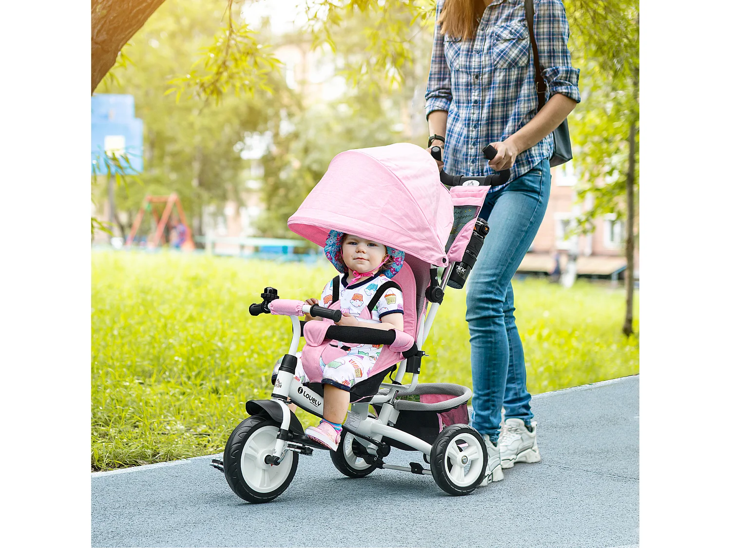 Triciclo per bambini 1-5 anni con maniglione e tettuccio regolabile