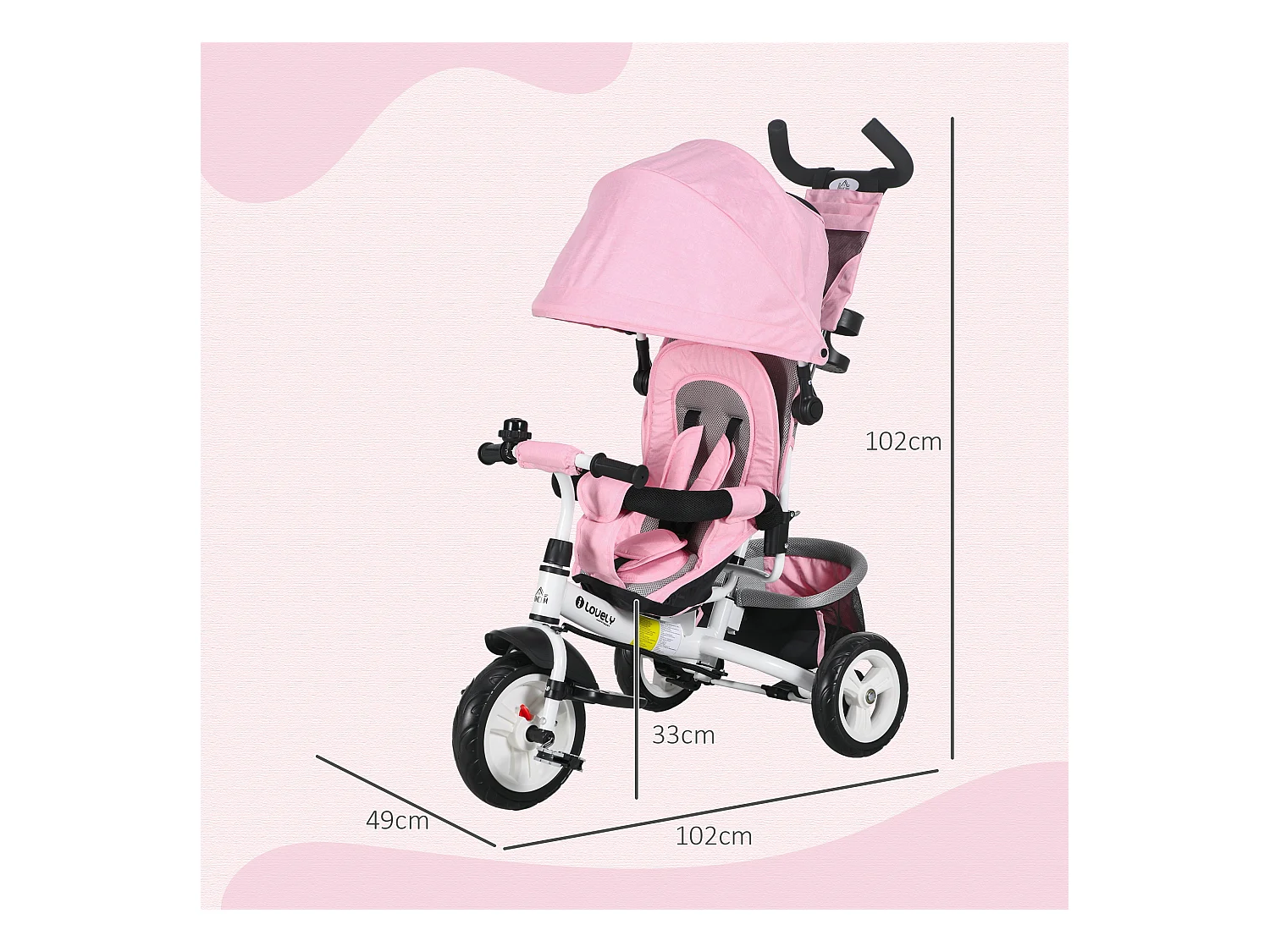 Triciclo per bambini 1-5 anni con maniglione e tettuccio regolabile