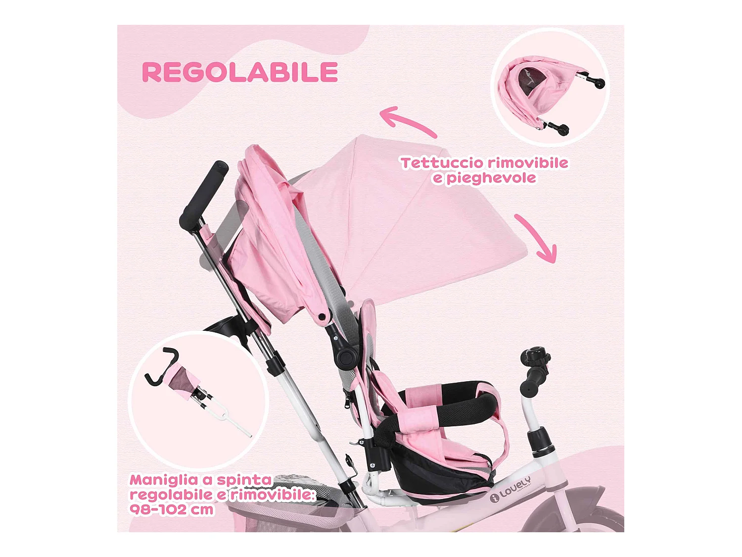 Triciclo per bambini 1-5 anni con maniglione e tettuccio regolabile