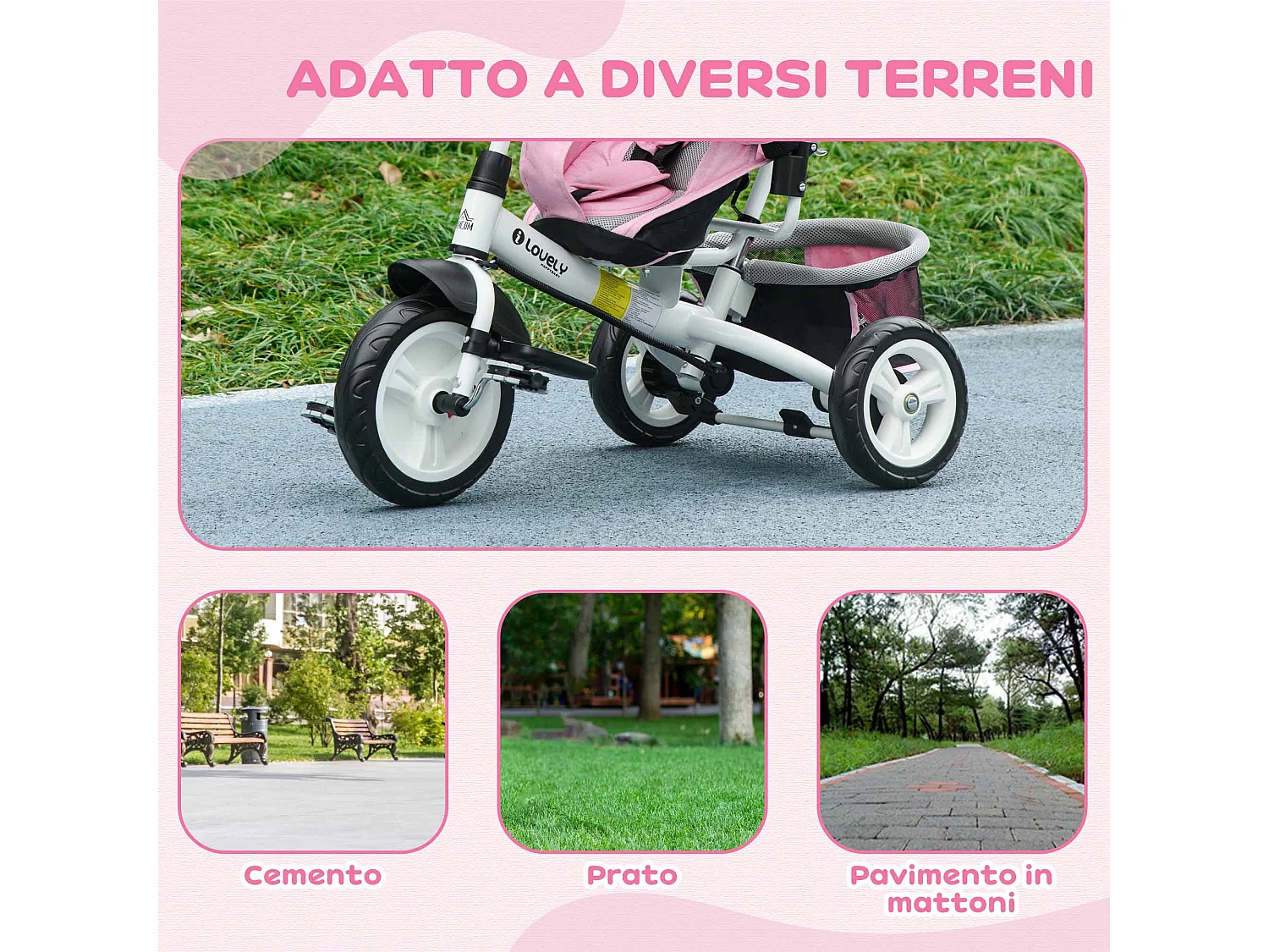 Triciclo per bambini 1-5 anni con maniglione e tettuccio regolabile