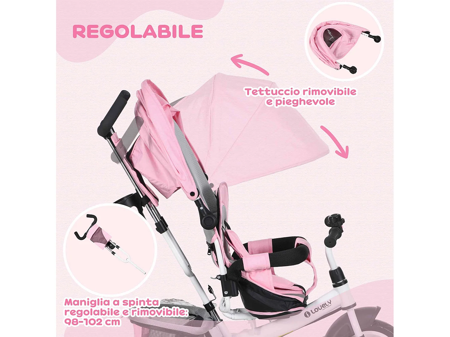 Triciclo per bambini 1-5 anni con maniglione e tettuccio regolabile