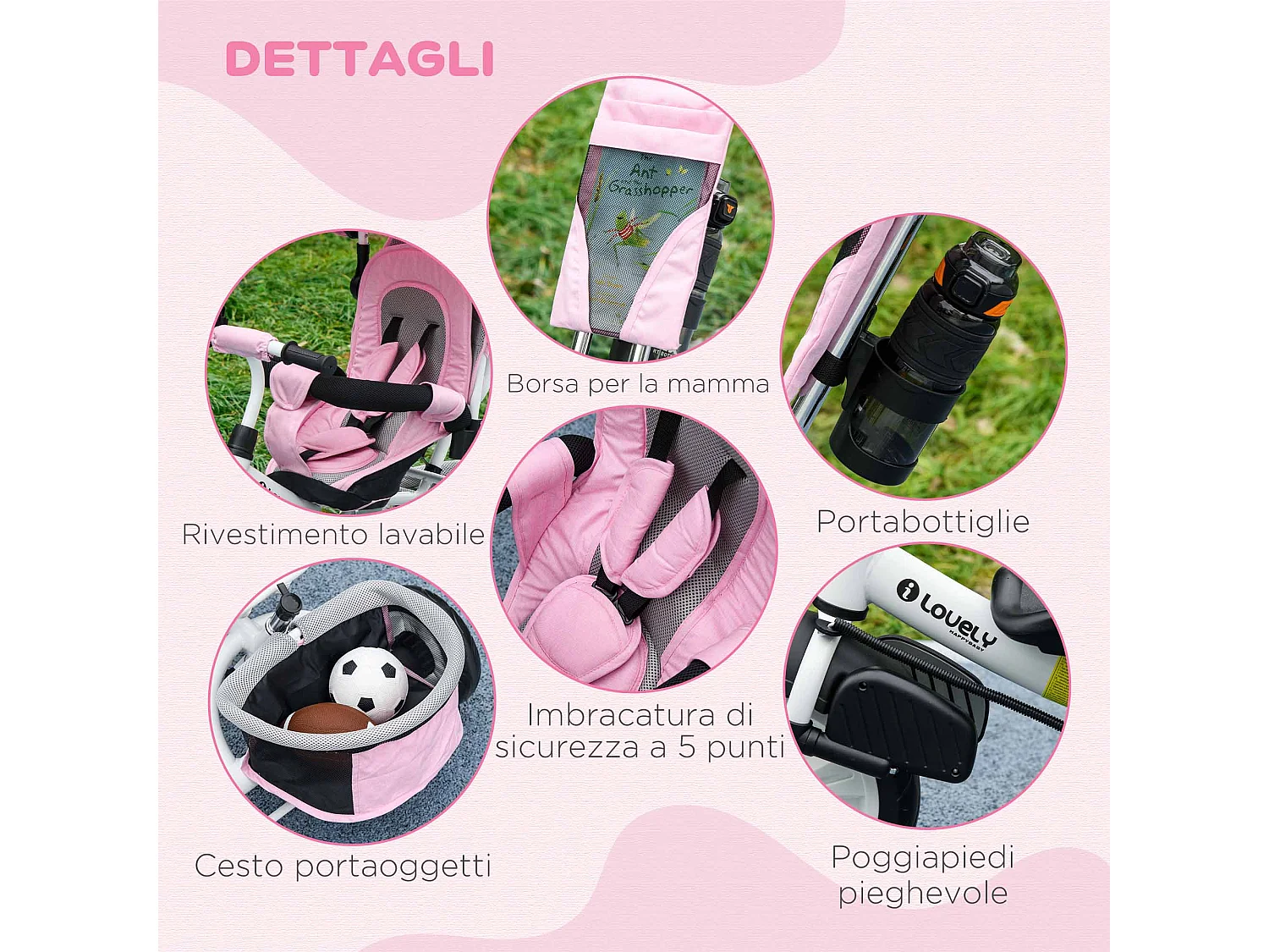 Triciclo per bambini 1-5 anni con maniglione e tettuccio regolabile