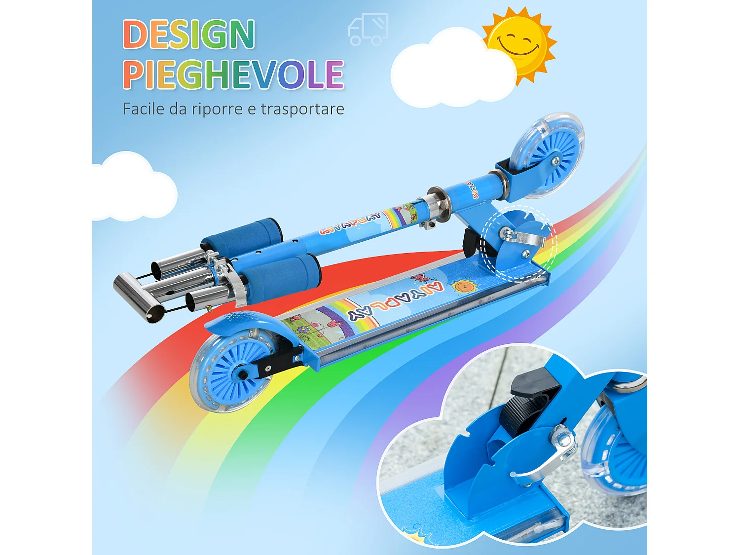 Monopattino per bambini 3-7 anni pieghevole a 2 ruote blu