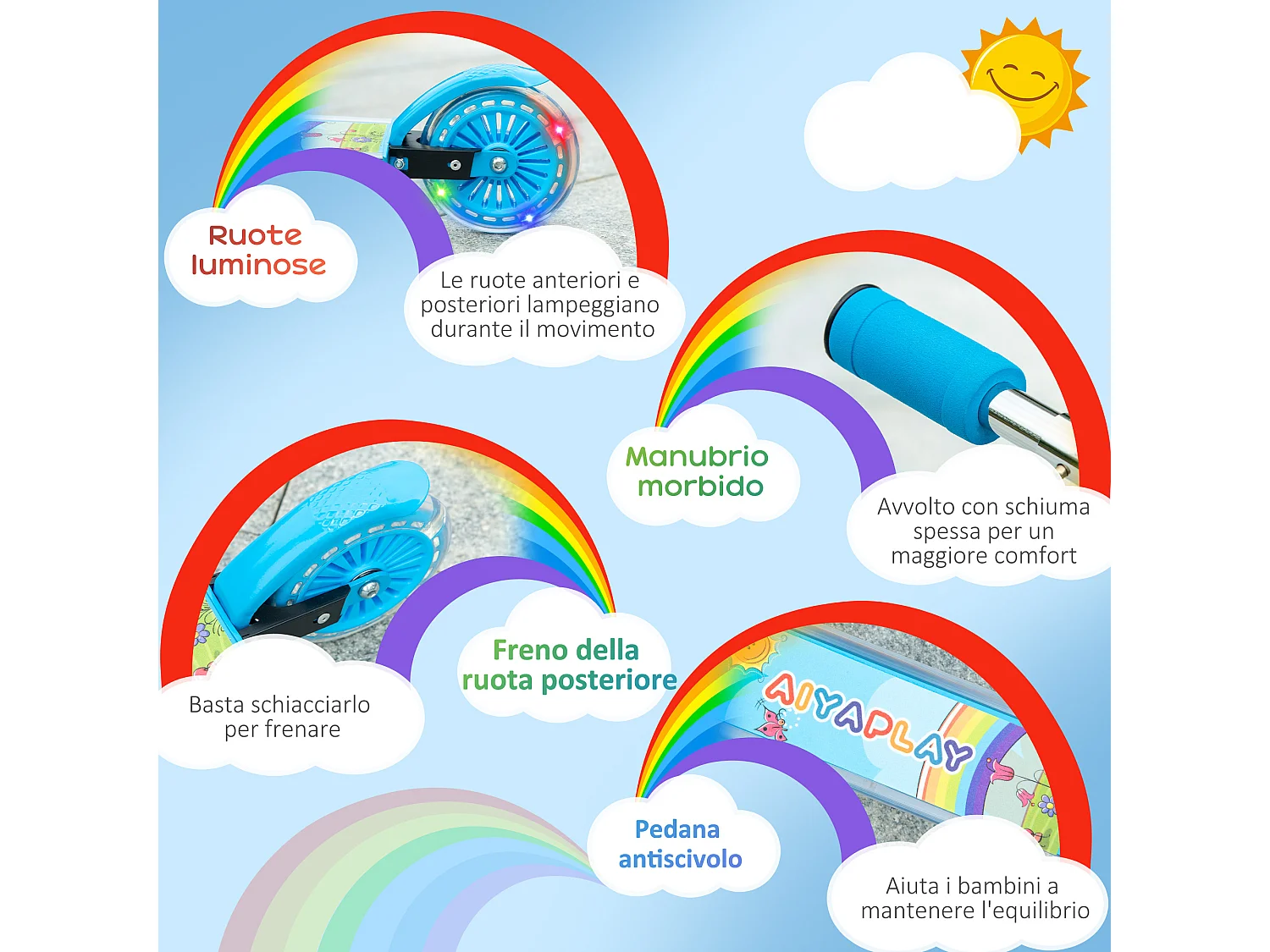 Monopattino per bambini 3-7 anni pieghevole a 2 ruote blu