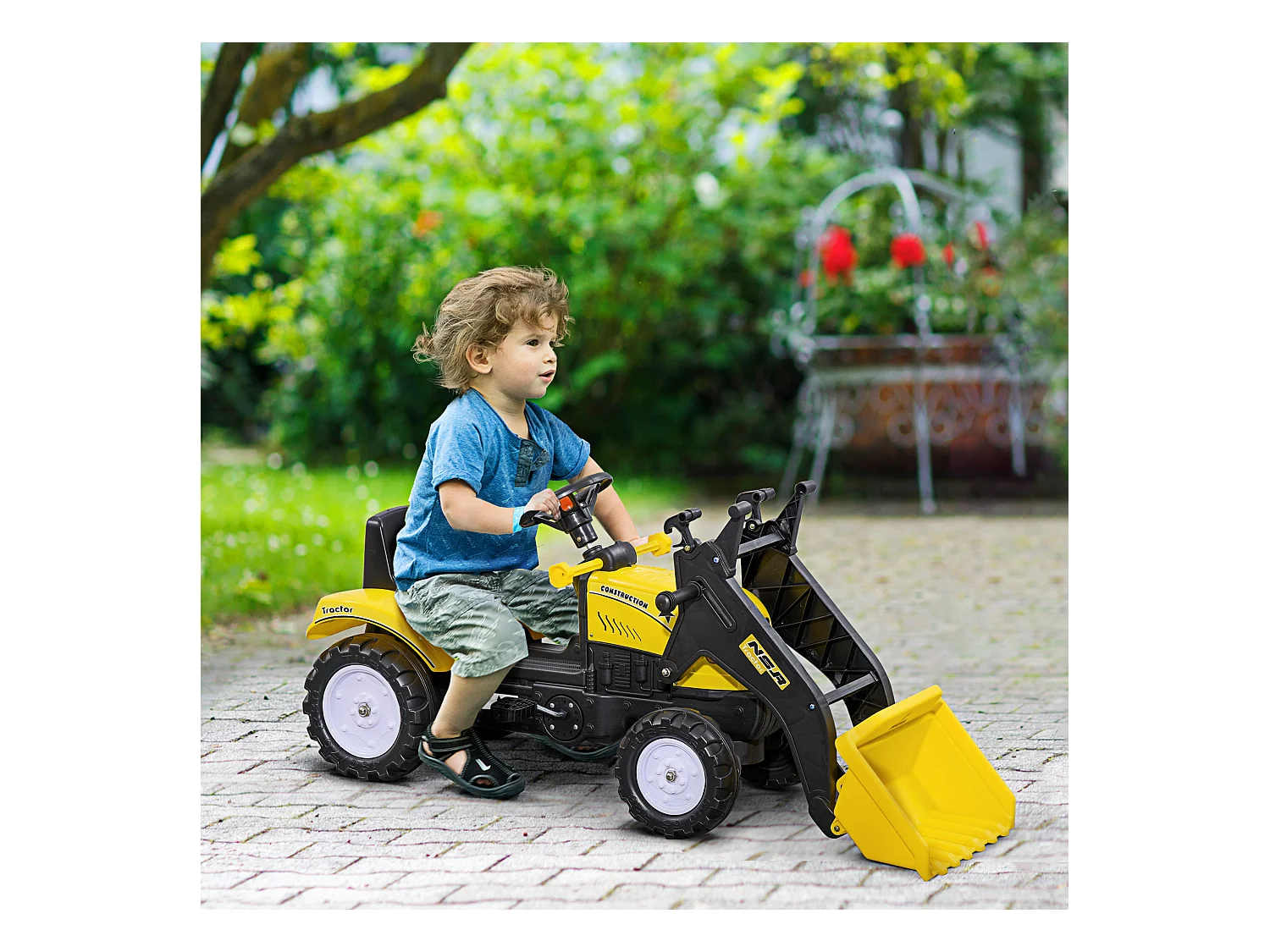 Escavatore a pedali per bambini con ruspa frontale giallo