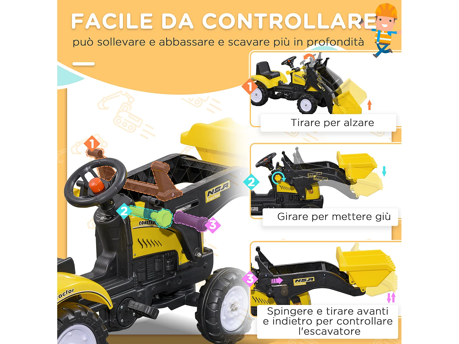 Escavatore a pedali per bambini con ruspa frontale giallo