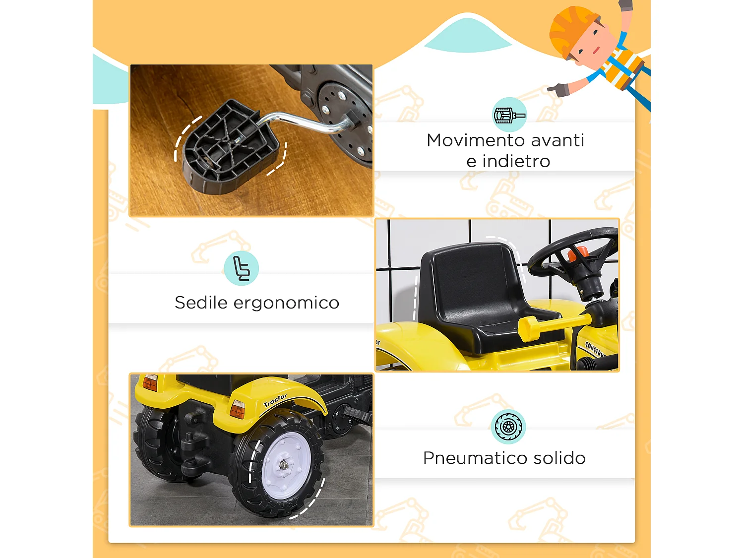 Escavatore a pedali per bambini con ruspa frontale giallo