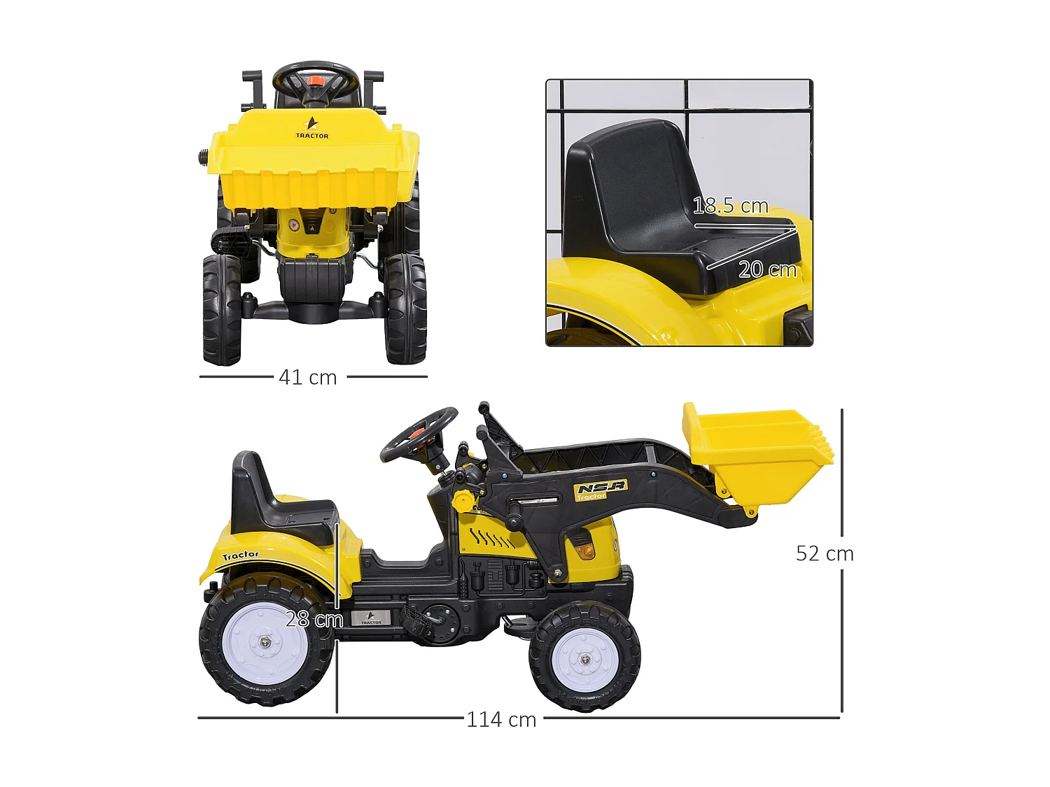 Escavatore a pedali per bambini con ruspa frontale giallo