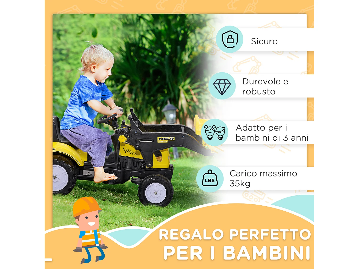 Escavatore a pedali per bambini con ruspa frontale giallo