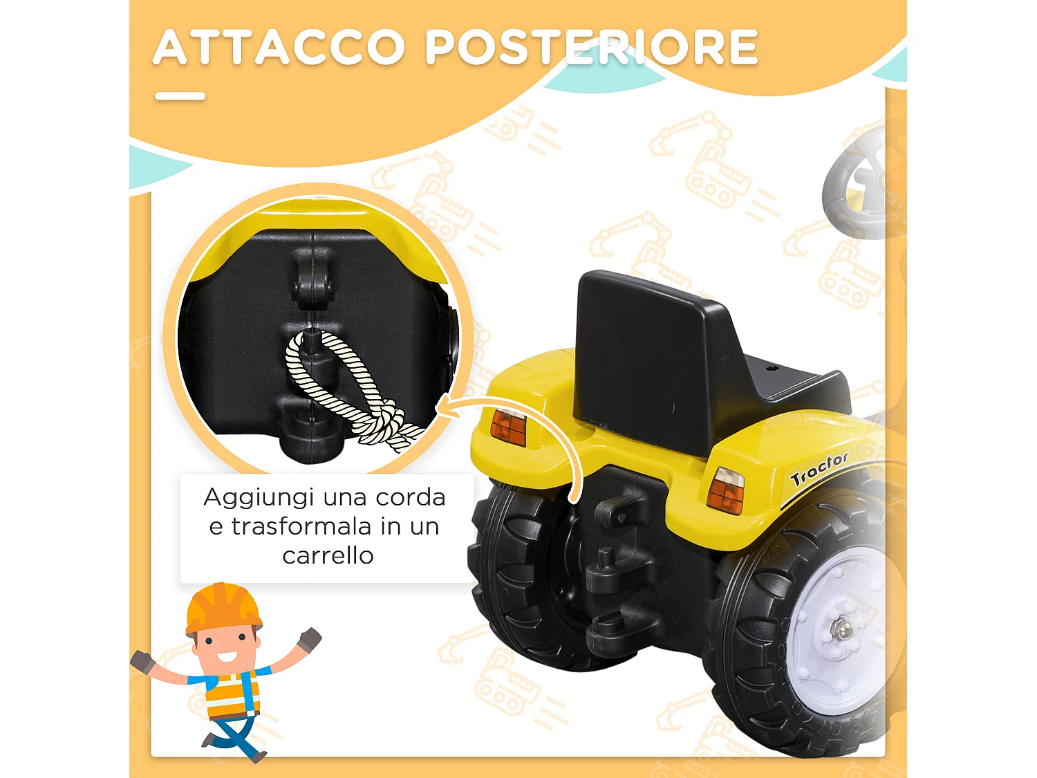 Escavatore a pedali per bambini con ruspa frontale giallo