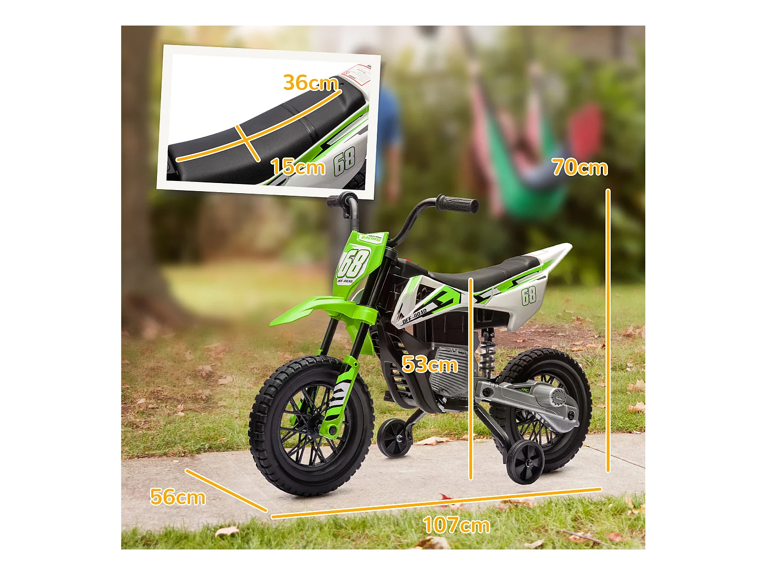 Moto elettrica per bambini con rotelle in pp e metallo verde