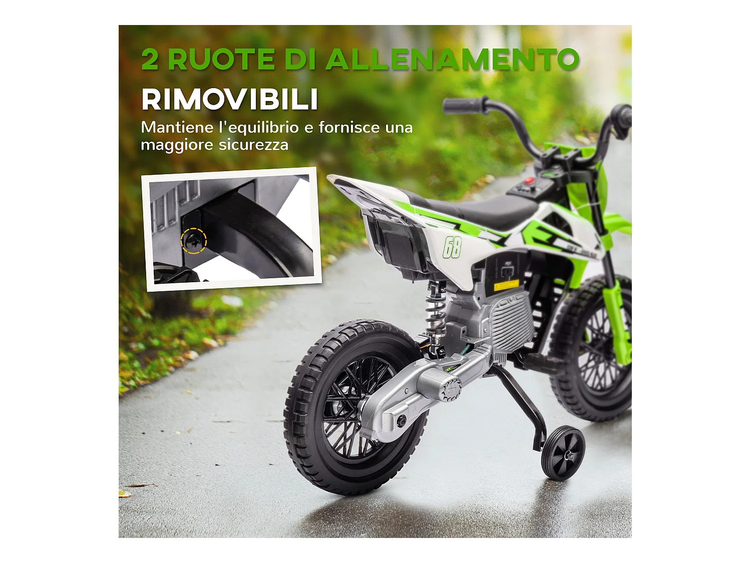 Moto elettrica per bambini con rotelle in pp e metallo verde