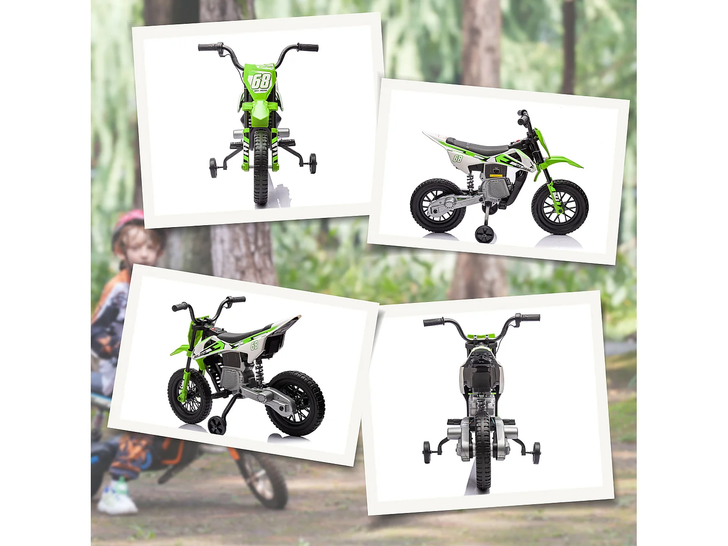Moto elettrica per bambini con rotelle in pp e metallo verde