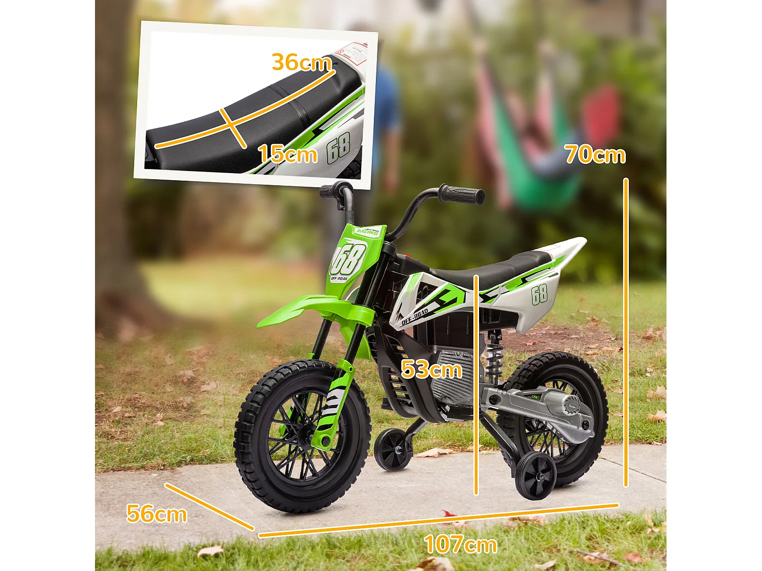 Moto elettrica per bambini con rotelle in pp e metallo verde