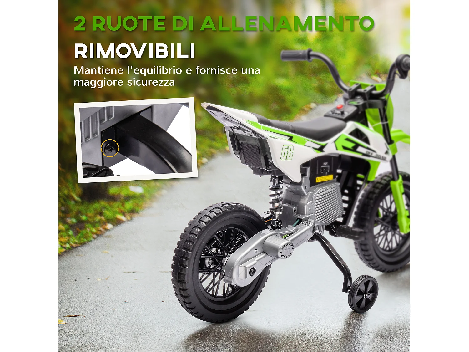 Moto elettrica per bambini con rotelle in pp e metallo verde