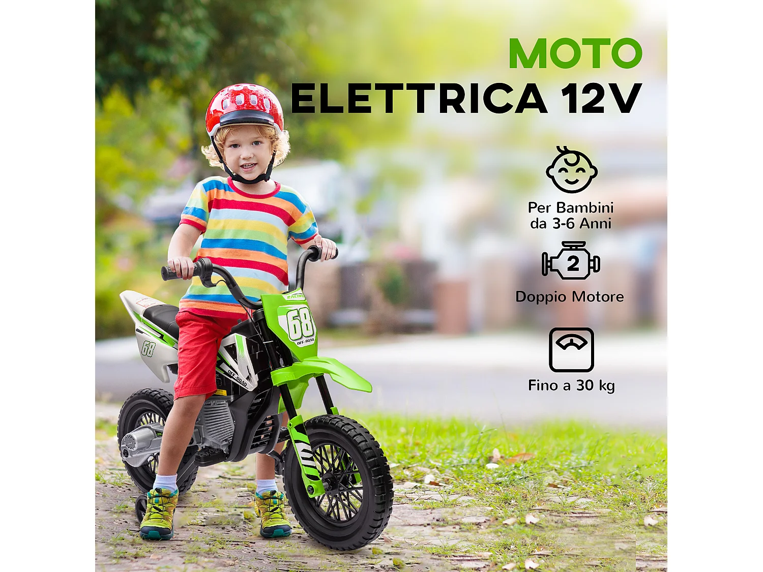 Moto elettrica per bambini con rotelle in pp e metallo verde