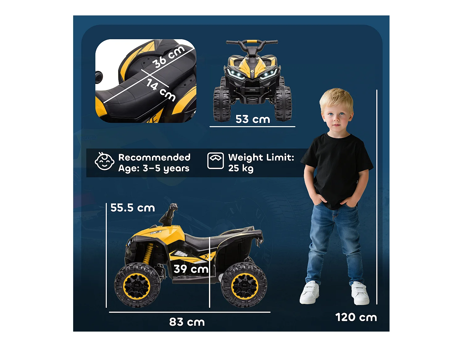 Quad per bambini 12v 2 velocità ruote con clacson giallo