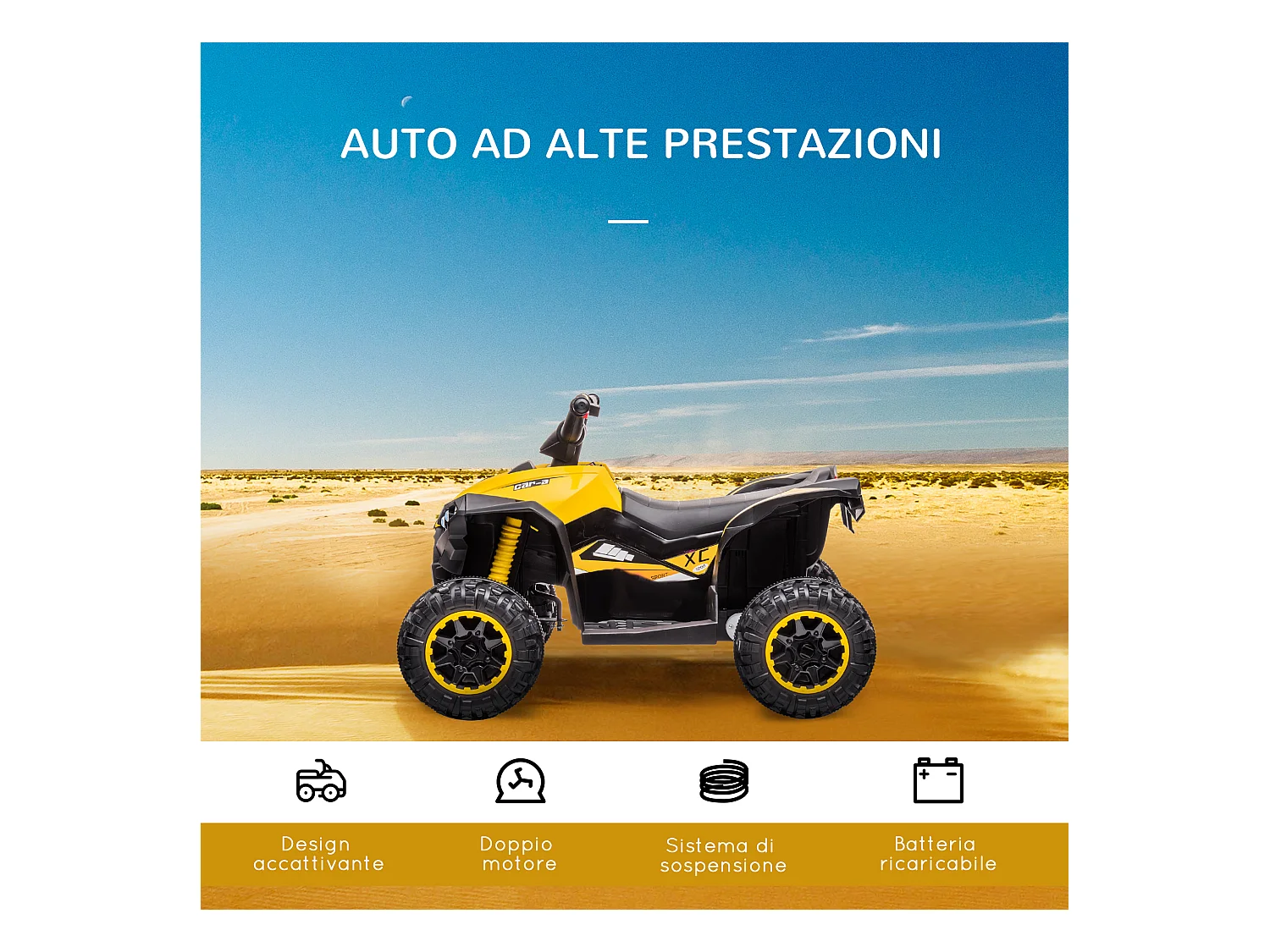 Quad per bambini 12v 2 velocità ruote con clacson giallo