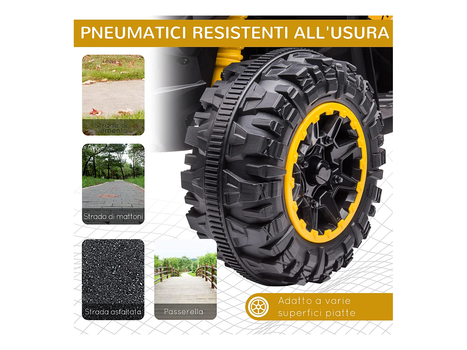 Quad per bambini 12v 2 velocità ruote con clacson giallo