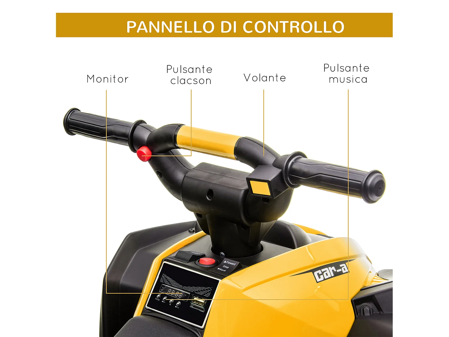 Quad per bambini 12v 2 velocità ruote con clacson giallo