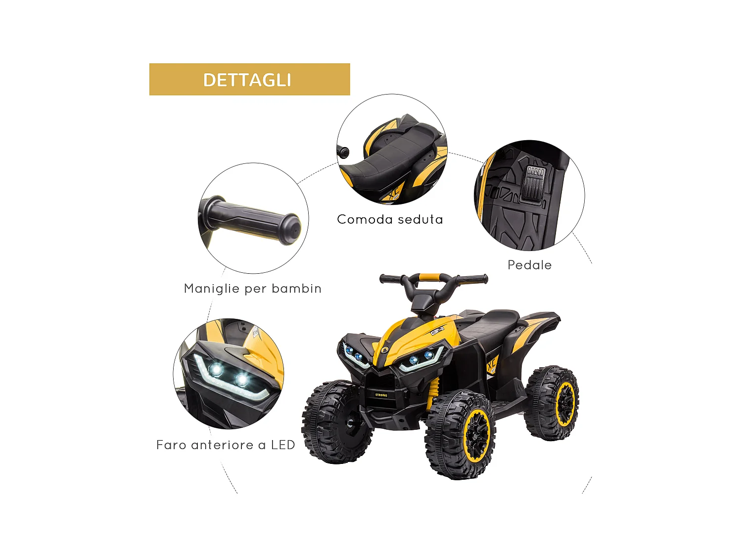 Quad per bambini 12v 2 velocità ruote con clacson giallo