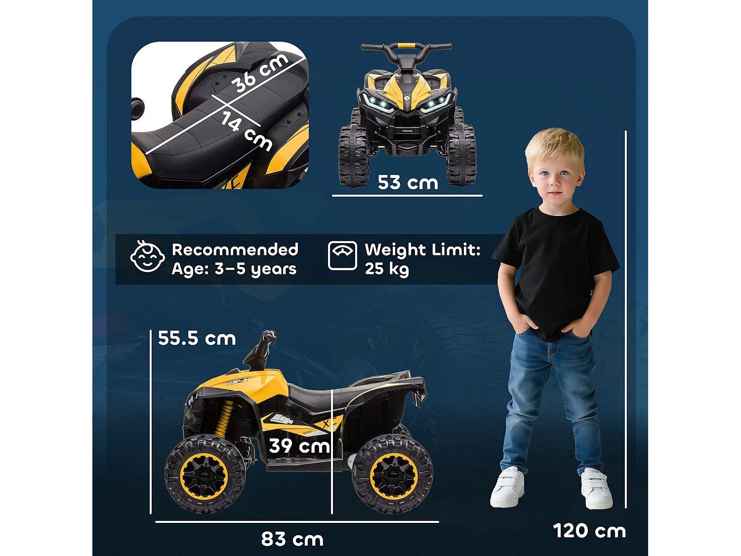 Quad per bambini 12v 2 velocità ruote con clacson giallo
