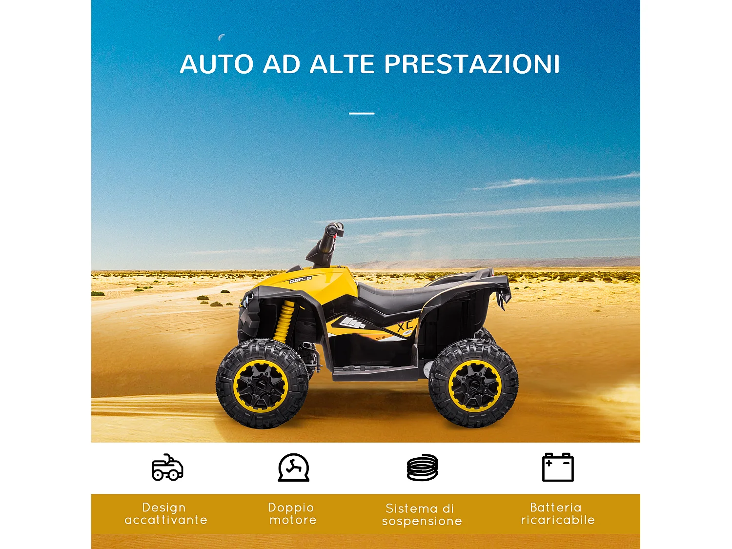 Quad per bambini 12v 2 velocità ruote con clacson giallo