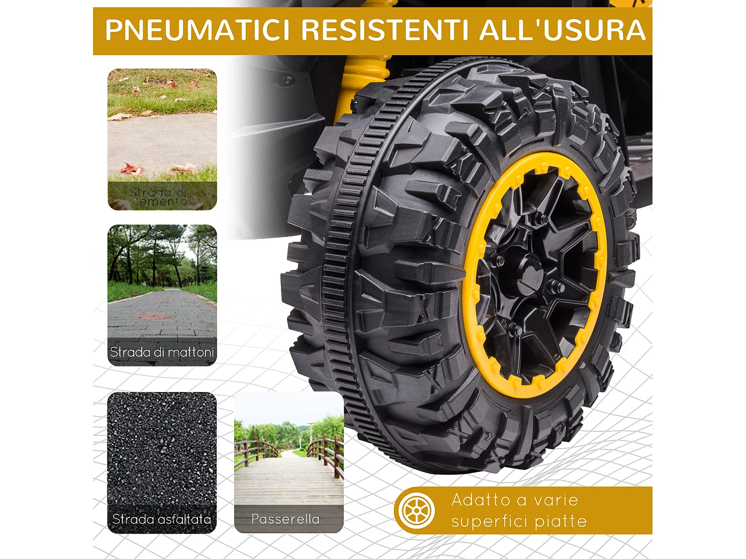 Quad per bambini 12v 2 velocità ruote con clacson giallo