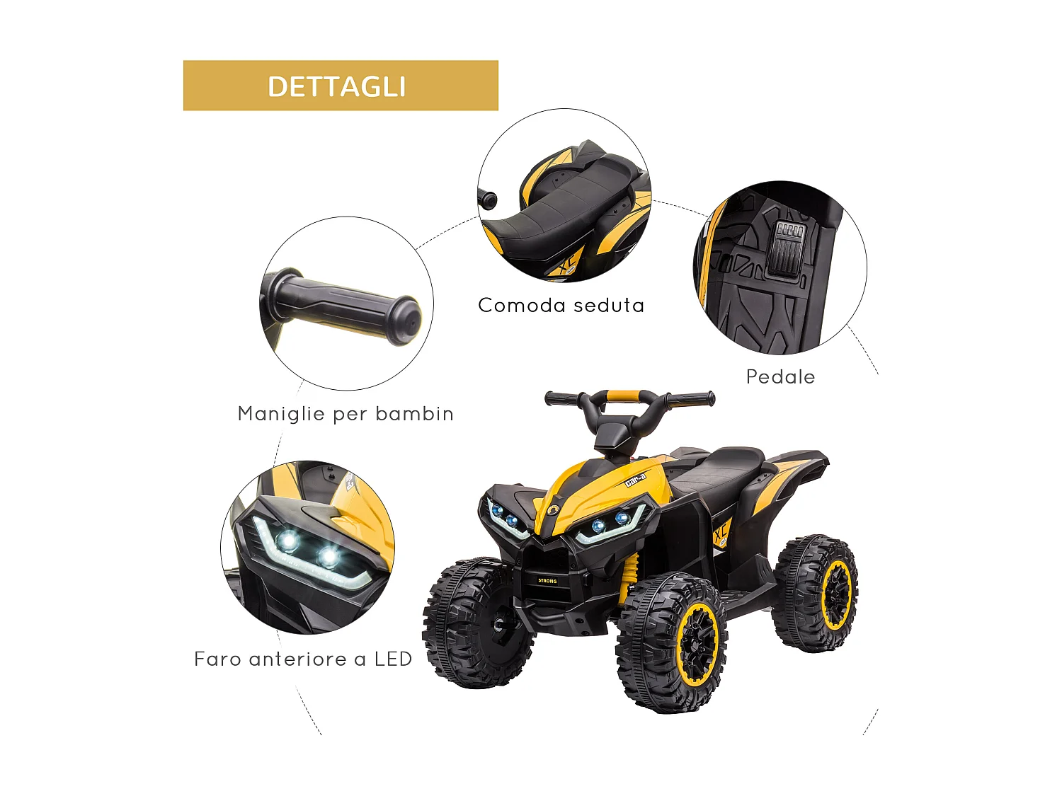 Quad per bambini 12v 2 velocità ruote con clacson giallo