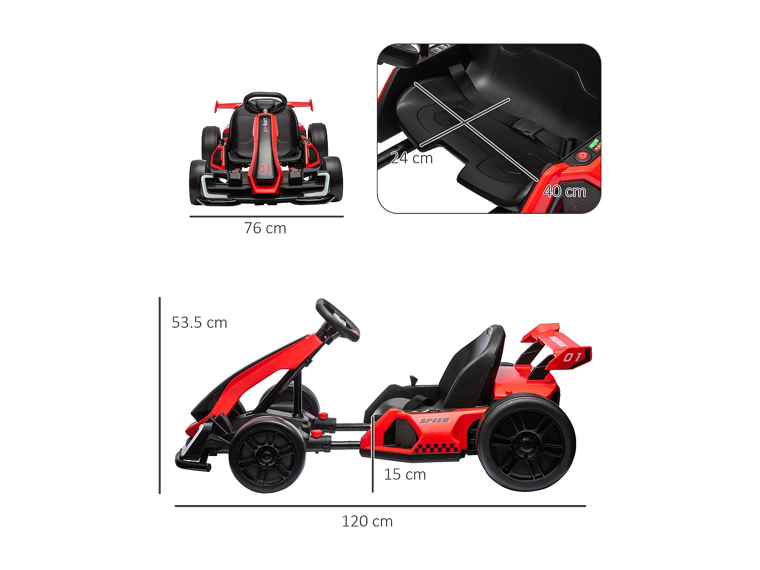 Go kart elettrico per bambini 6-12 anni con sedile regolabile rosso