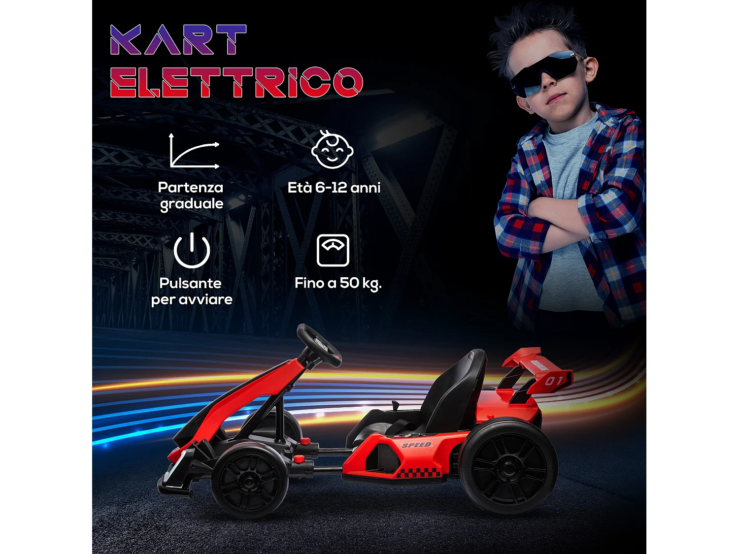 Go kart elettrico per bambini 6-12 anni con sedile regolabile rosso