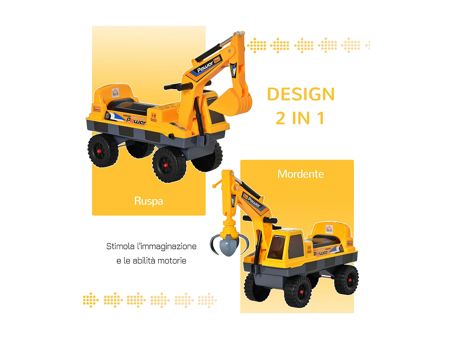 Ruspa giocattolo 2 in 1 con benna escavatore e a mordente