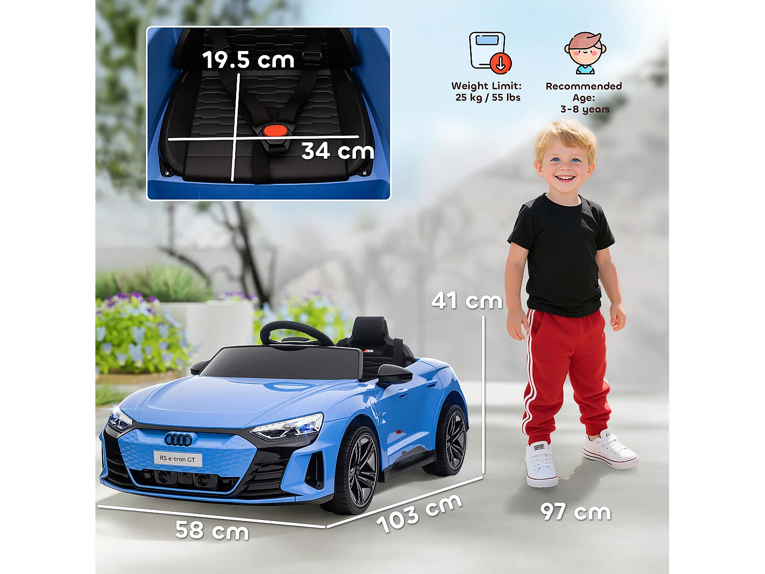 Macchina elettrica per bambini 3-5 anni con sospensioni blu e nera