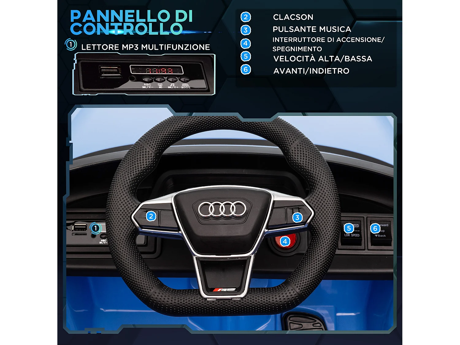 Macchina elettrica per bambini 3-5 anni con sospensioni blu e nera