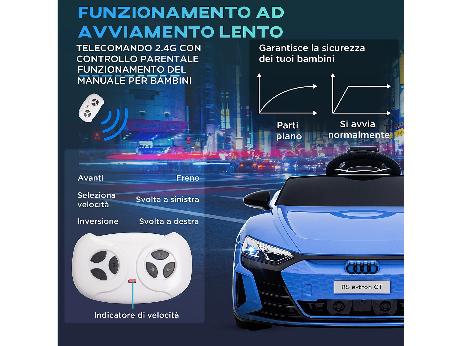 Macchina elettrica per bambini 3-5 anni con sospensioni blu e nera