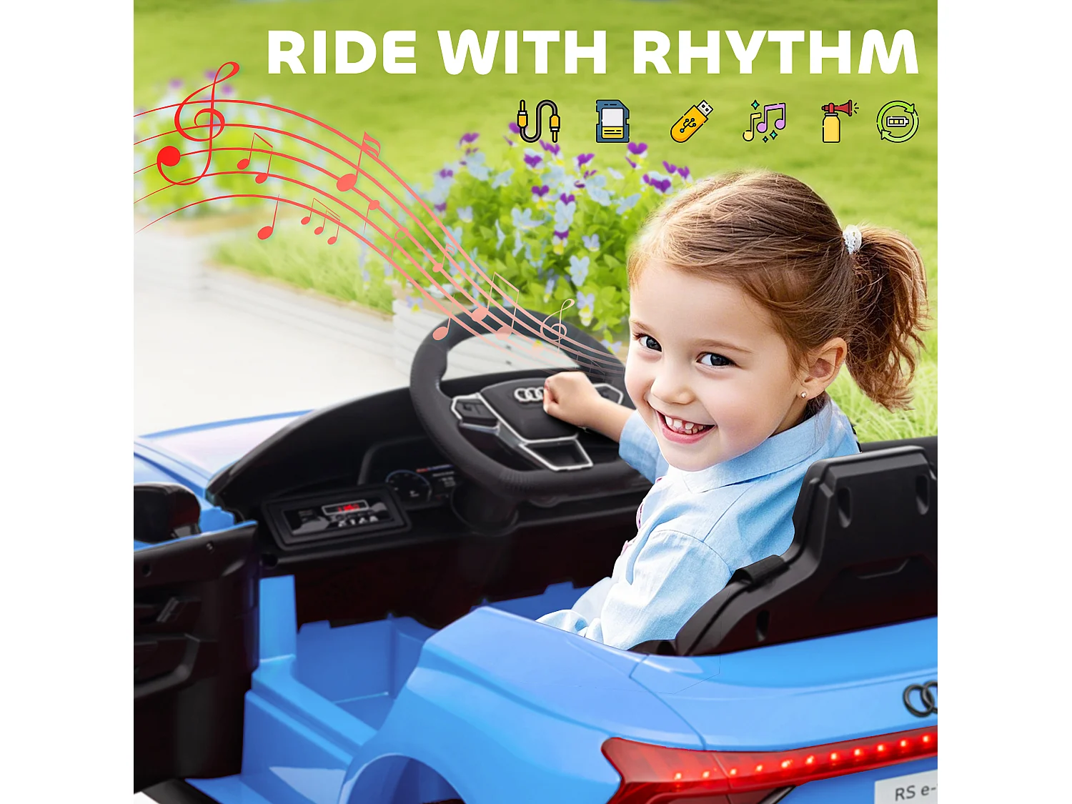 Macchina elettrica per bambini 3-5 anni con sospensioni blu e nera