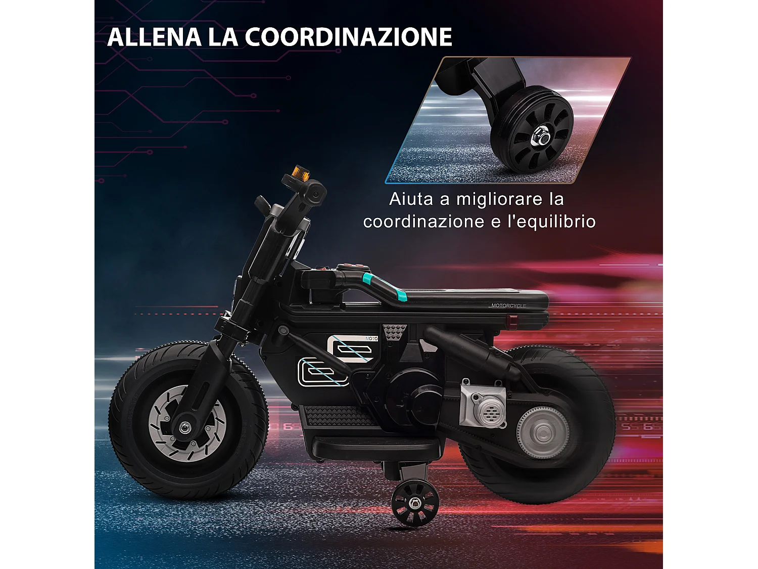 Moto elettrica per bambini 3-5 anni rotelle clacson e musica