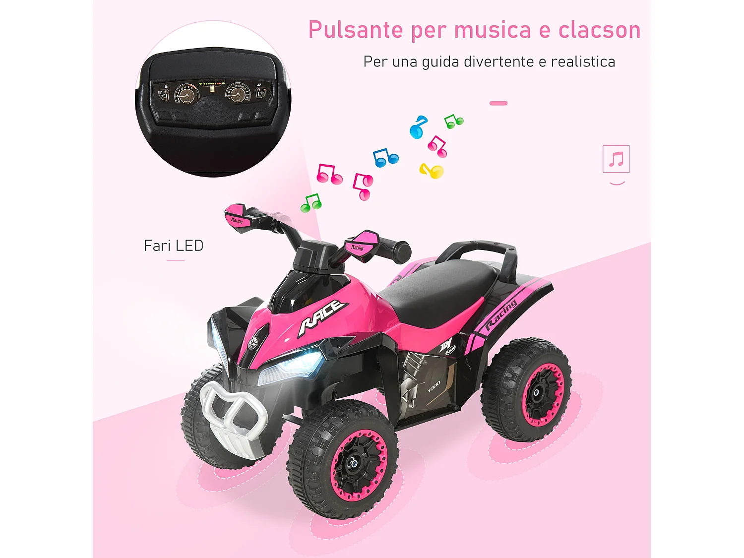 Quad per bambini cavalcabile con luci e suoni rosa