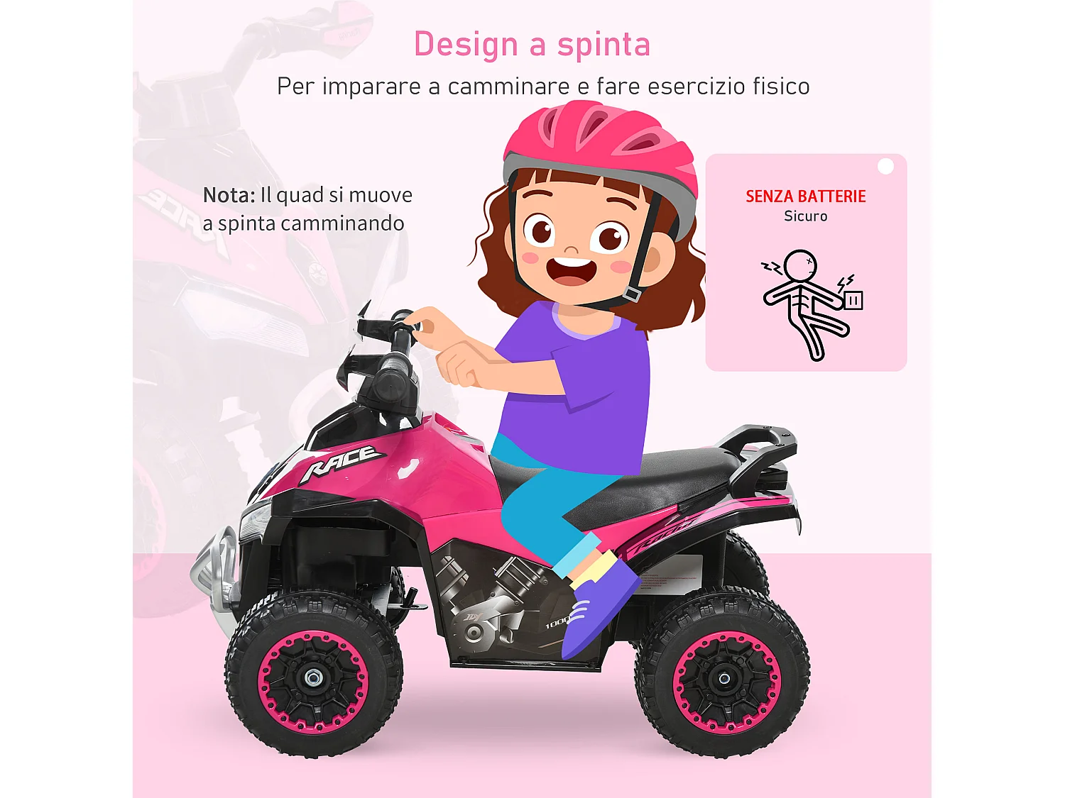 Quad per bambini cavalcabile con luci e suoni rosa