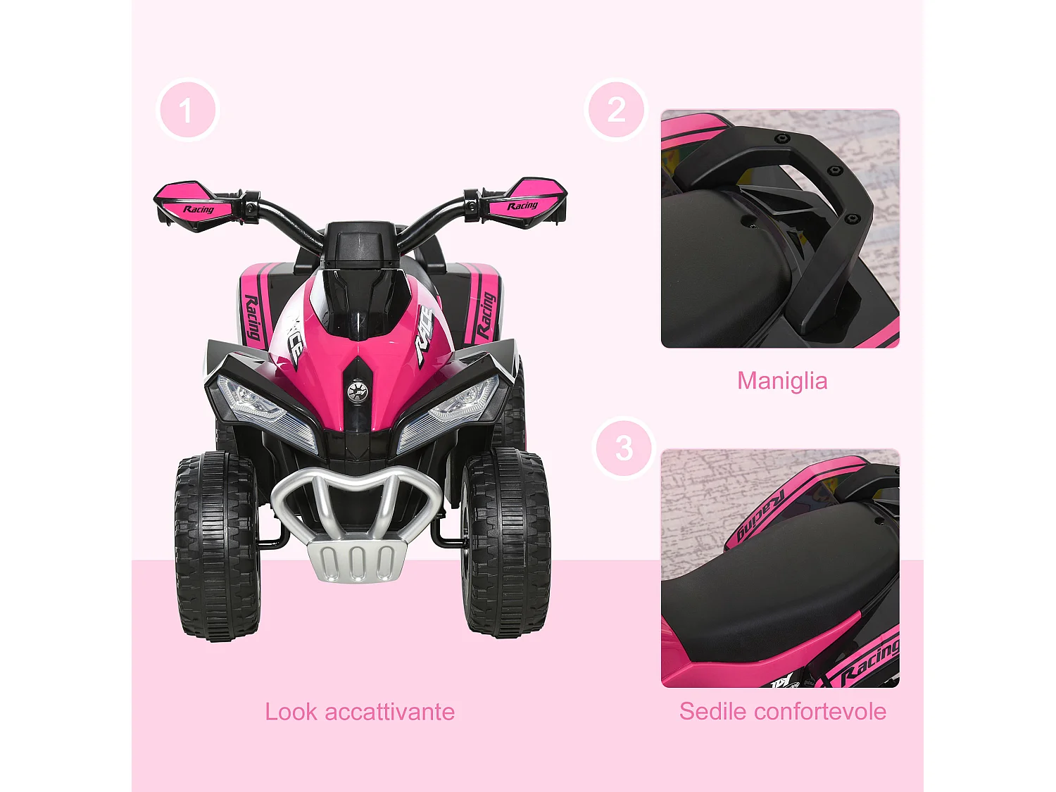 Quad per bambini cavalcabile con luci e suoni rosa