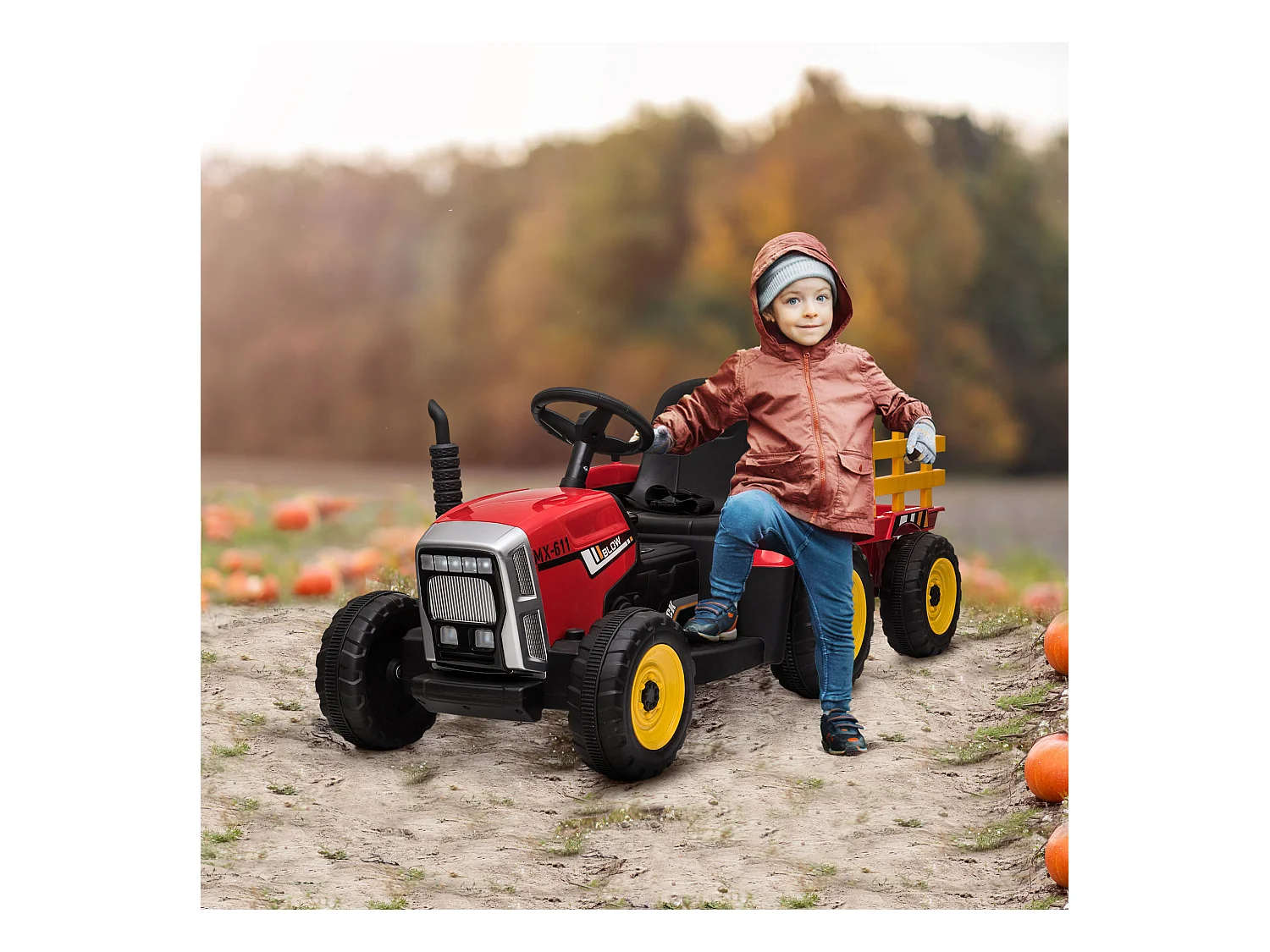 Trattore per bambini 12v con rimorchio e telecomando rosso