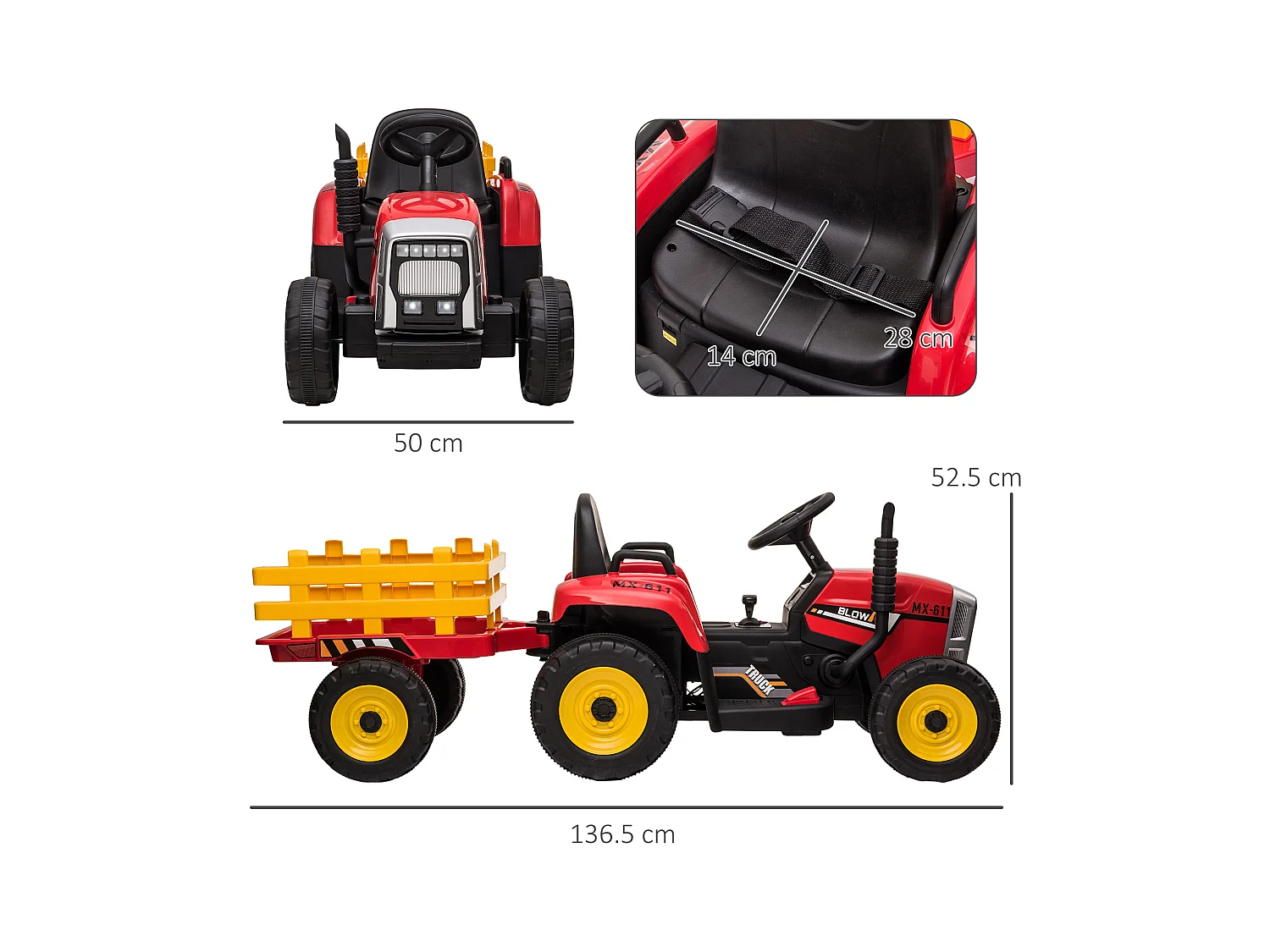 Trattore per bambini 12v con rimorchio e telecomando rosso