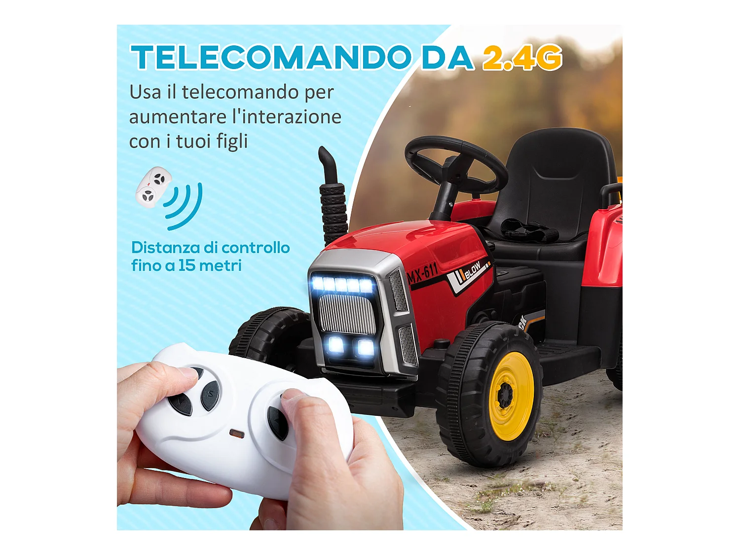 Trattore per bambini 12v con rimorchio e telecomando rosso