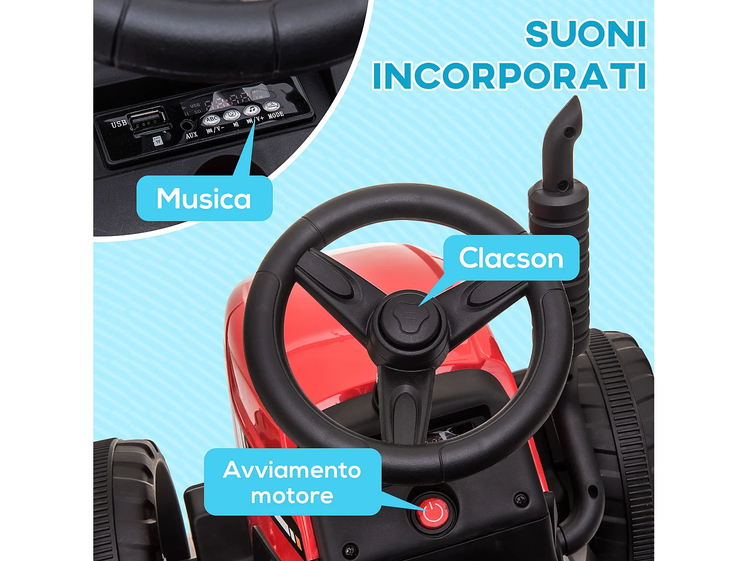 Trattore per bambini 12v con rimorchio e telecomando rosso