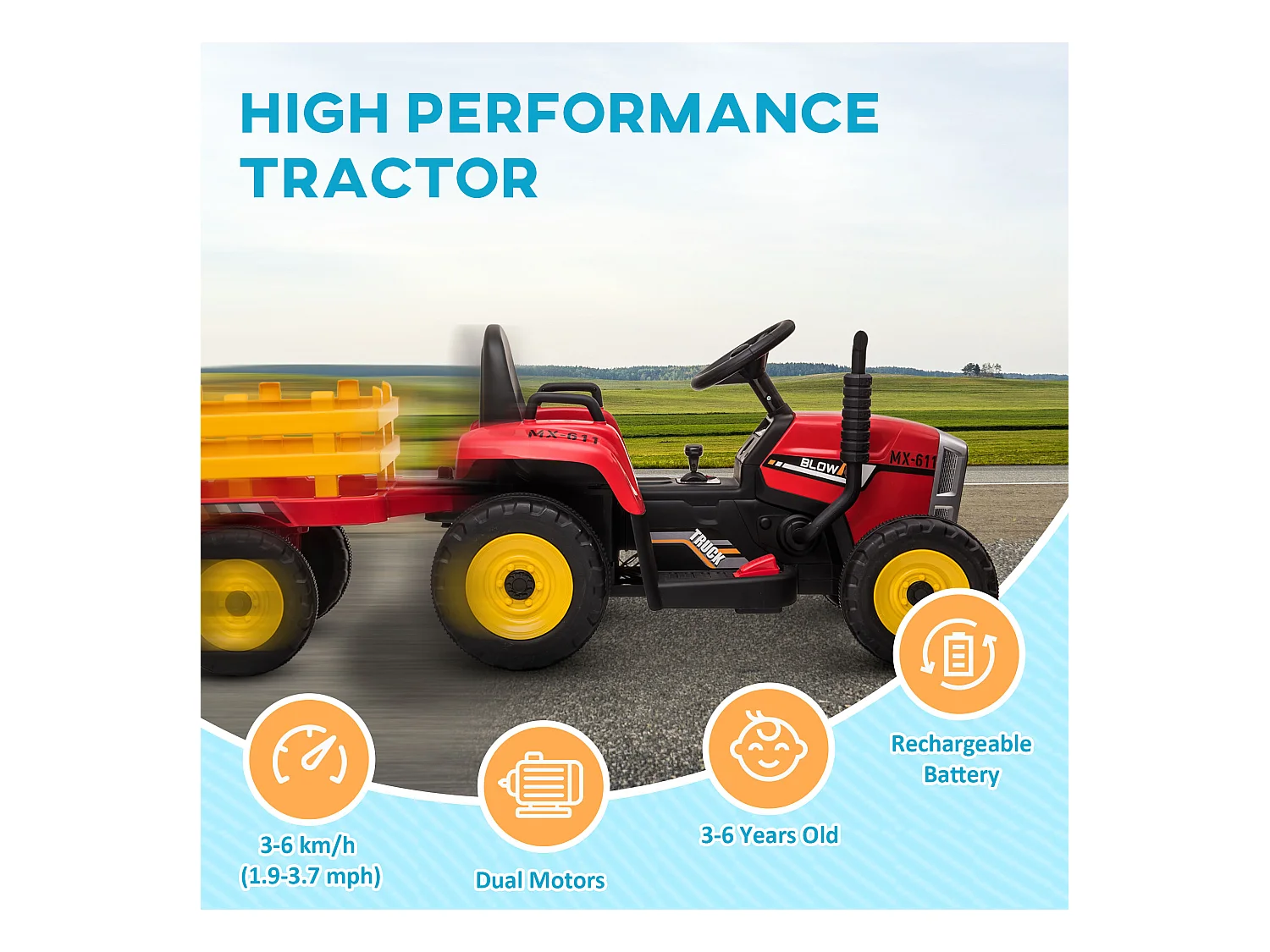 Trattore per bambini 12v con rimorchio e telecomando rosso