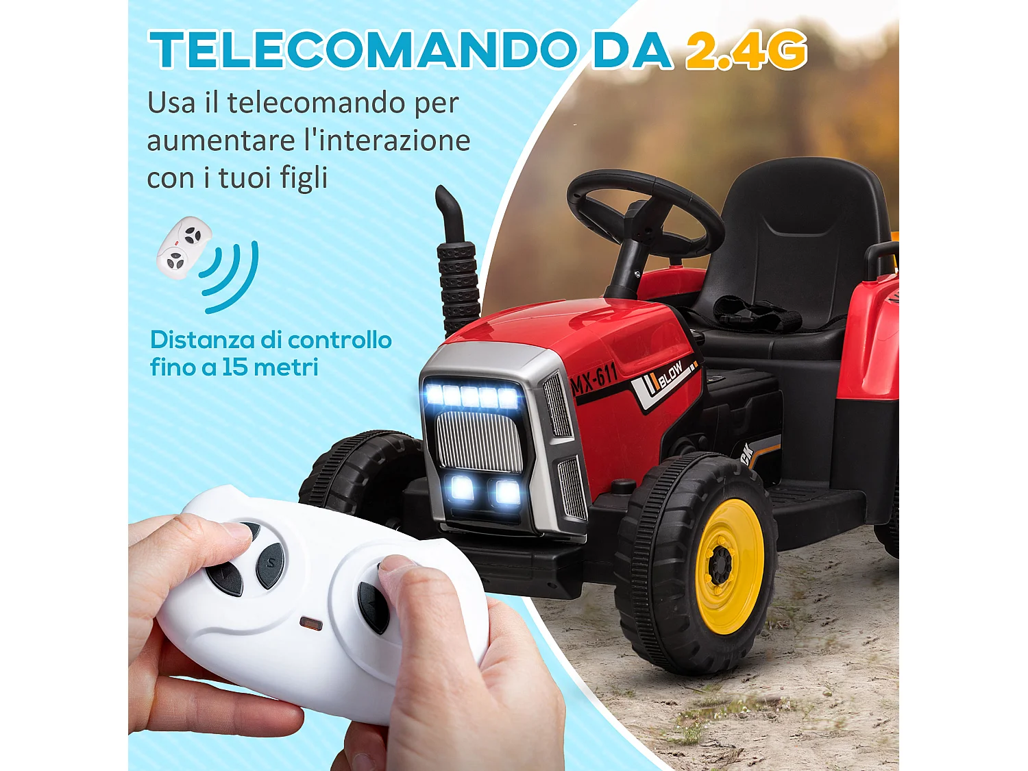 Trattore per bambini 12v con rimorchio e telecomando rosso