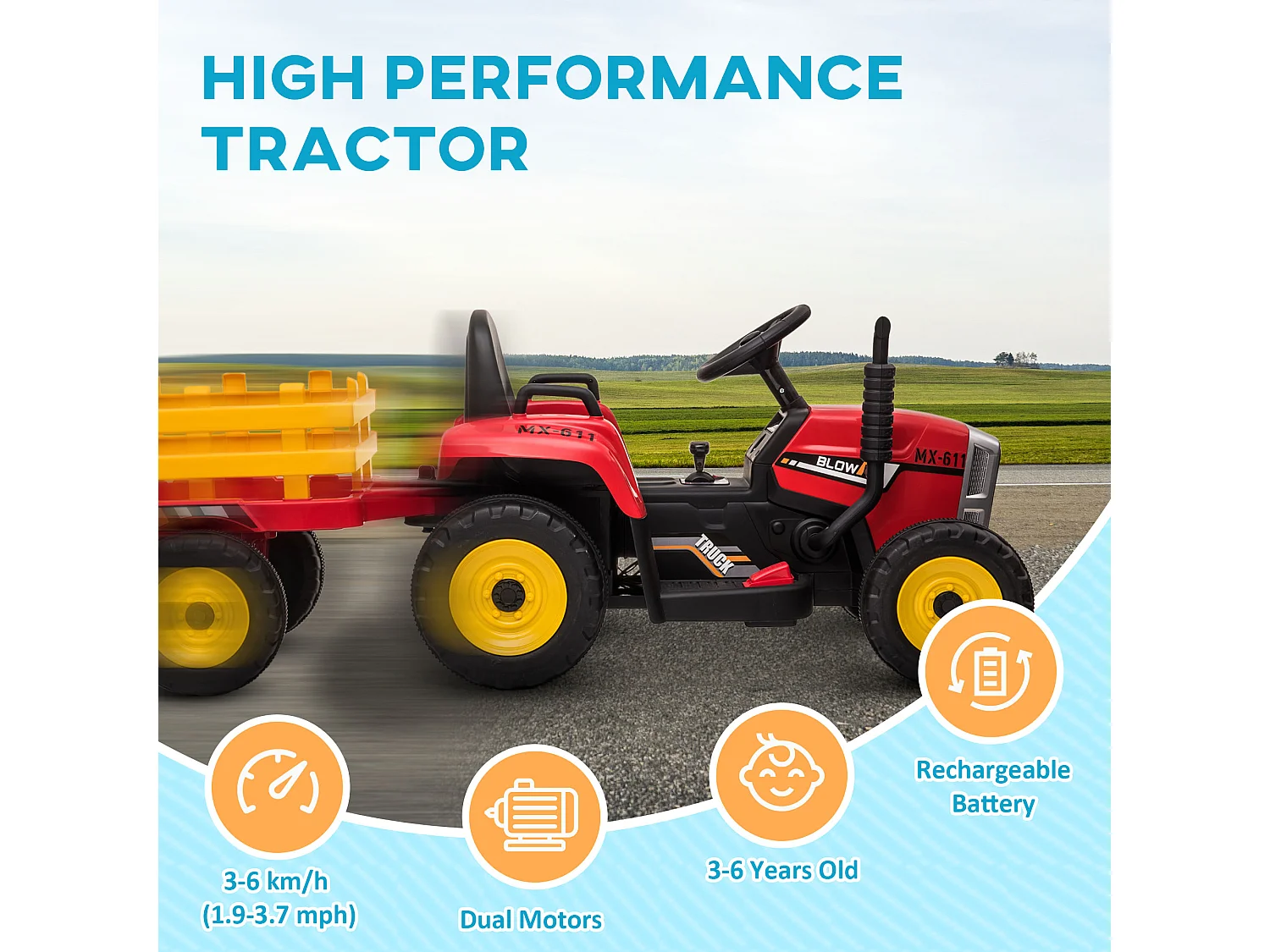 Trattore per bambini 12v con rimorchio e telecomando rosso