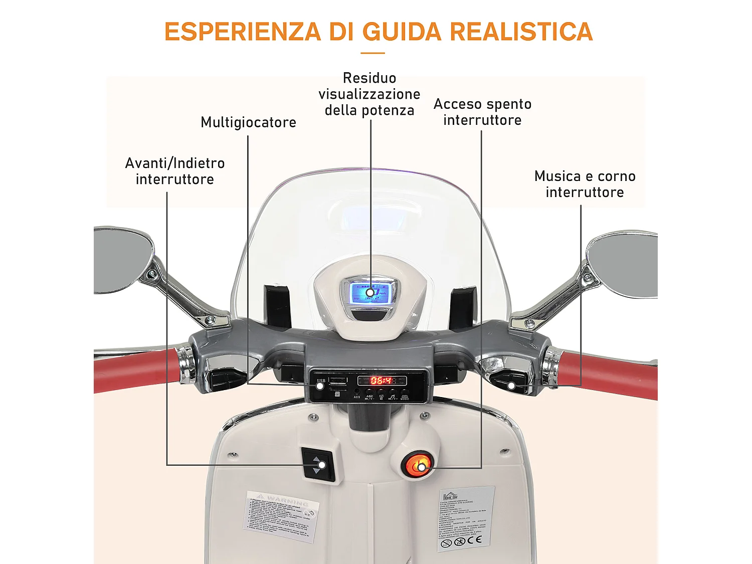 Moto elettrica per bambini con rotelle luci e suoni bianca